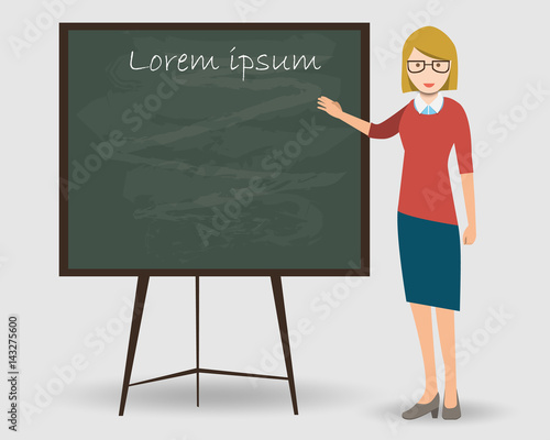 Teacher at the lesson in front of the board in the classroom. The teacher is pointing at the board. Vector EPS10 illustration