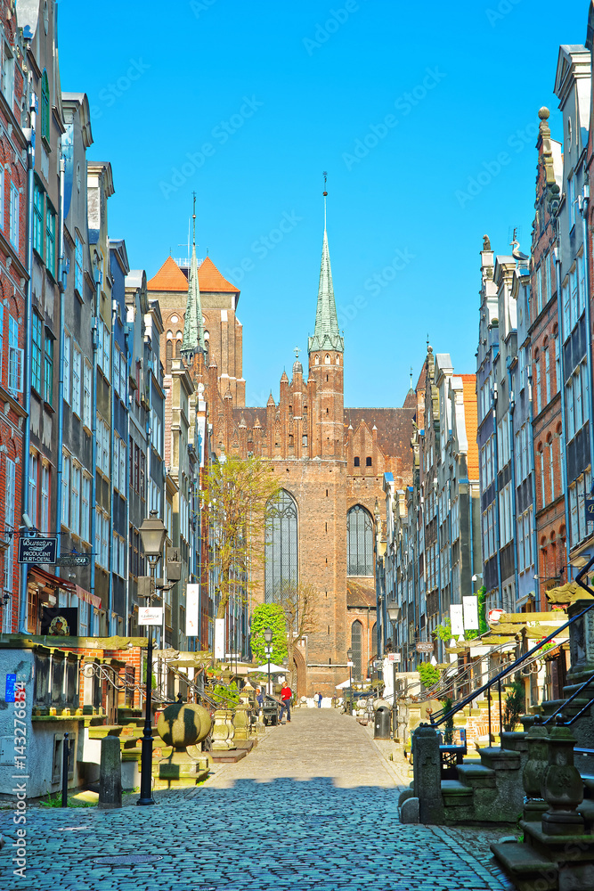 Street and Fragment of Saint Mary Basilica in Gdansk