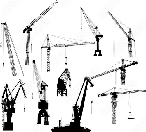 set of eleven industrial cranes isolated on white