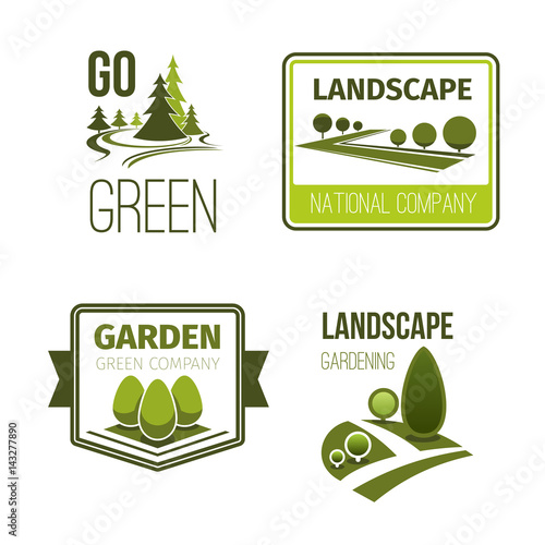 Landscape design, gardening service emblem set