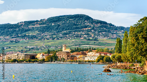 Scenery with Alps mountains and Geneva Lake Riviera in Vevey