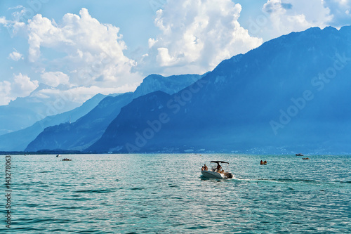 Ship and people at Geneva Lake in Vevey of Switzerland