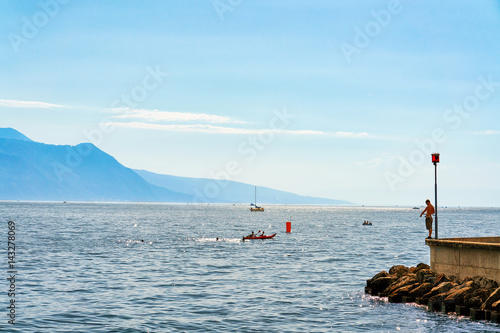 Ship and people at Geneva Lake in Vevey in Switzerland