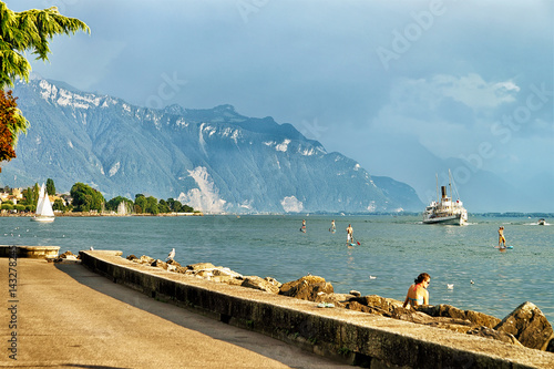 Excursion ferry and peope at Geneva Lake in Vevey Switzerland