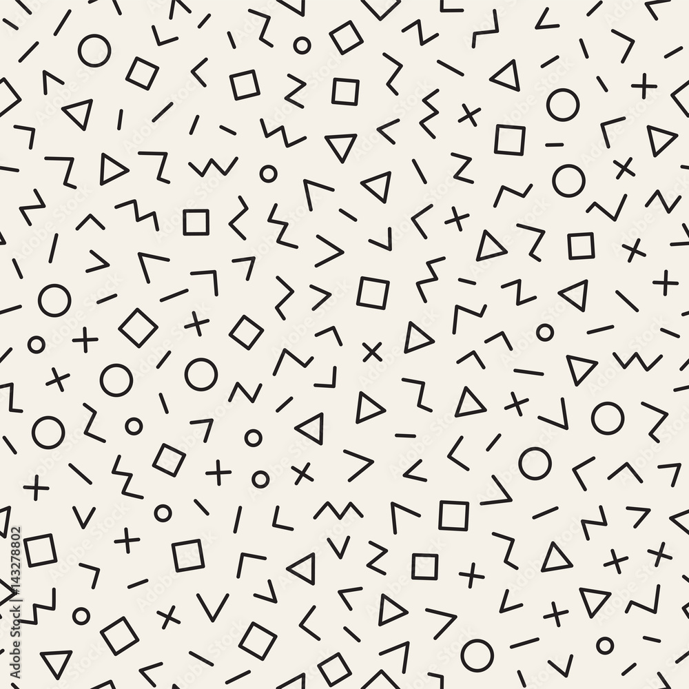 Scattered Geometric Line Shapes. Abstract Background Design. Vector Seamless Black and White Pattern.