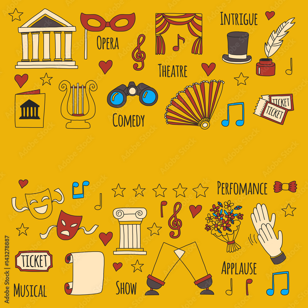 Obraz premium Hand drawn doodle Theatre set Vector illustration Sketchy theater icons Ticket Masks Lyra Flowers Curtain stage Musical notes Pointe shoes Make-up artist tools Theatre acting performance elements