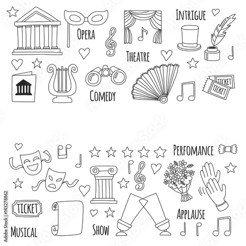 Hand drawn doodle Theatre set Vector illustration Sketchy theater icons Ticket Masks Lyra Flowers Curtain stage Musical notes Pointe shoes Make-up artist tools Theatre acting performance elements