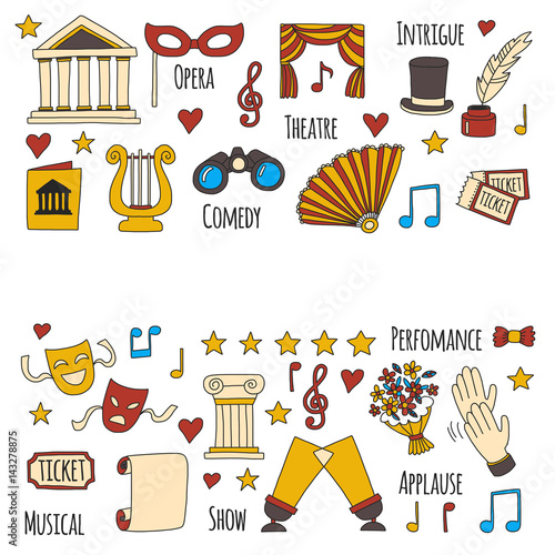 Hand drawn doodle Theatre set Vector illustration Sketchy theater icons Ticket Masks Lyra Flowers Curtain stage Musical notes Pointe shoes Make-up artist tools Theatre acting performance elements