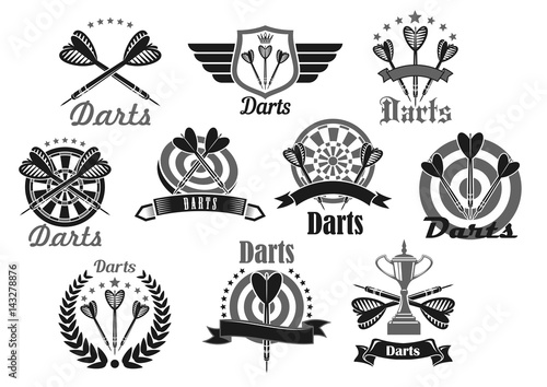 Darts sport symbol set with dartboard and trophy