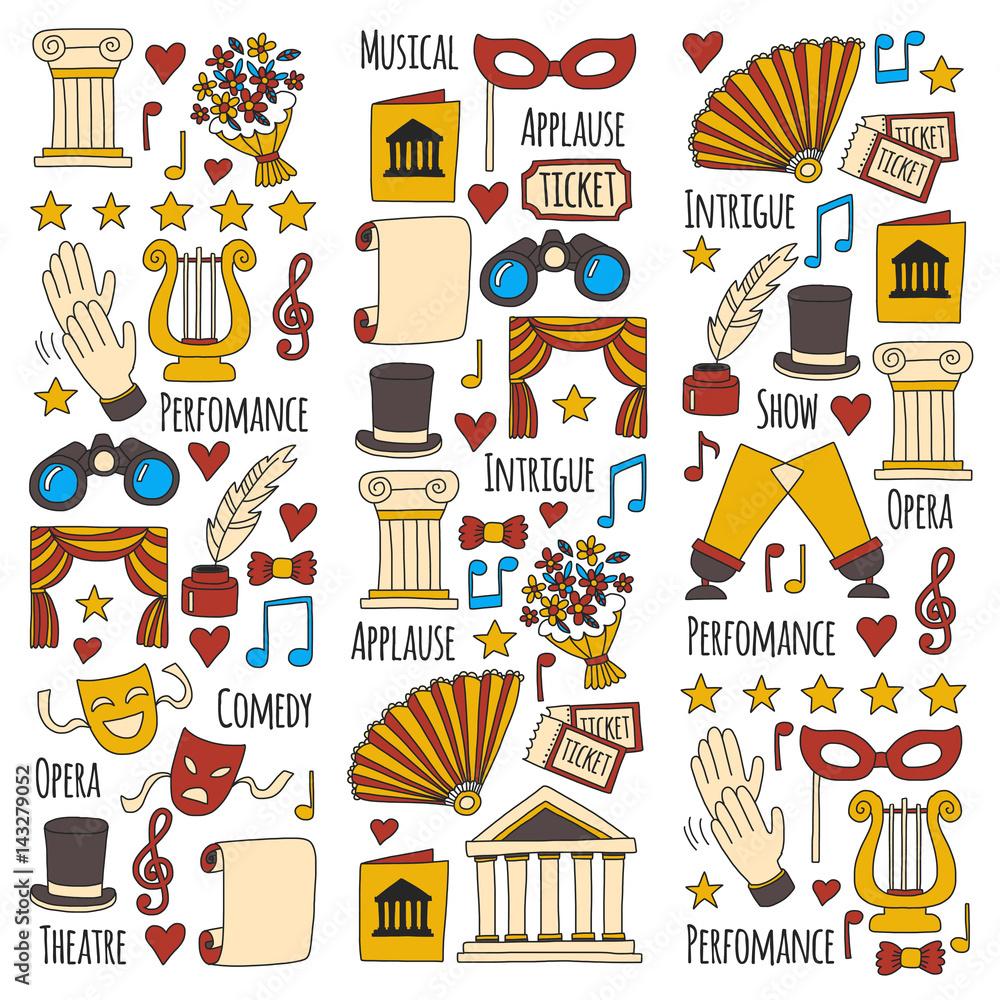 Hand drawn doodle Theatre set Vector illustration Sketchy theater icons Ticket Masks Lyra Flowers Curtain stage Musical notes Pointe shoes Make-up artist tools Theatre acting performance elements Hand drawn doodle Theatre set Vector illustration Sketchy theater icons Ticket Masks Lyra Flowers Curtain stage Musical notes Pointe shoes Make-up artist tools Theatre acting performance elements