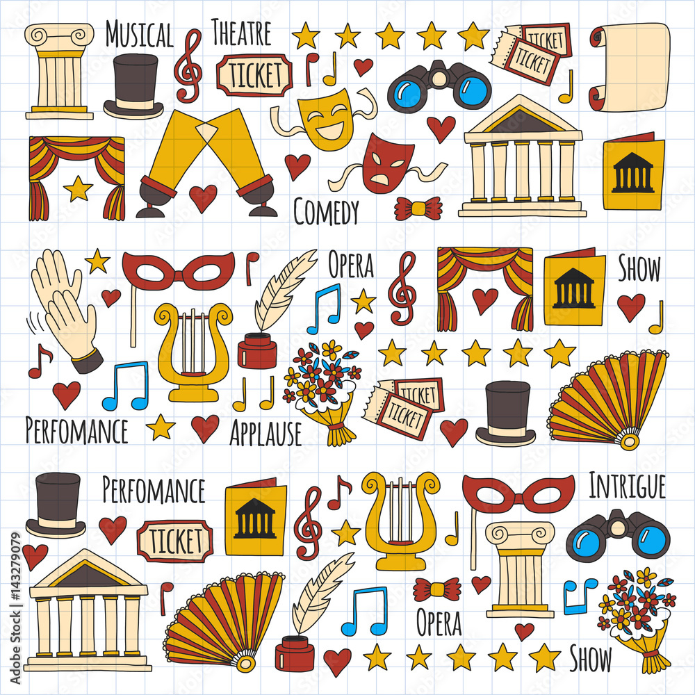 Hand drawn doodle Theatre set Vector illustration Sketchy theater icons