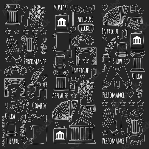 Hand drawn doodle Theatre set Vector illustration Sketchy theater icons Ticket Masks Lyra Flowers Curtain stage Musical notes Pointe shoes Make-up artist tools Theatre acting performance elements