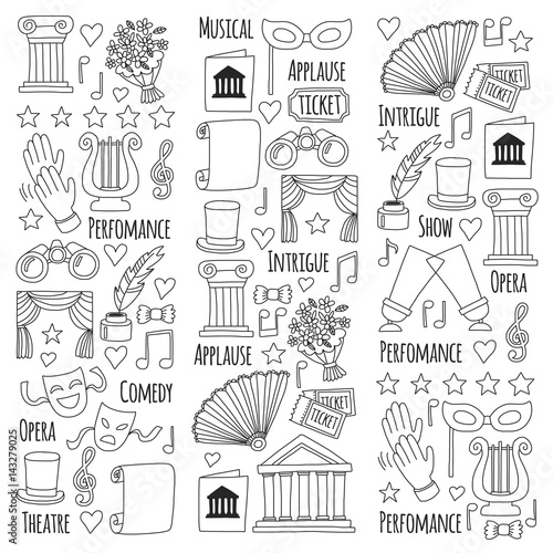 Hand drawn doodle Theatre set Vector illustration Sketchy theater icons Ticket Masks Lyra Flowers Curtain stage Musical notes Pointe shoes Make-up artist tools Theatre acting performance elements