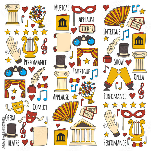 Hand drawn doodle Theatre set Vector illustration Sketchy theater icons Ticket Masks Lyra Flowers Curtain stage Musical notes Pointe shoes Make-up artist tools Theatre acting performance elements