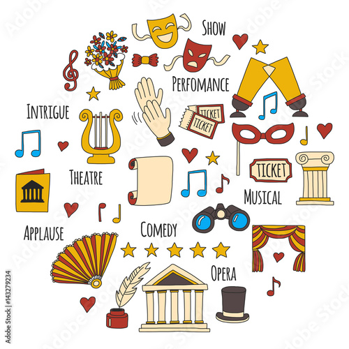 Hand drawn doodle Theatre set Vector illustration Sketchy theater icons Ticket Masks Lyra Flowers Curtain stage Musical notes Pointe shoes Make-up artist tools Theatre acting performance elements photo