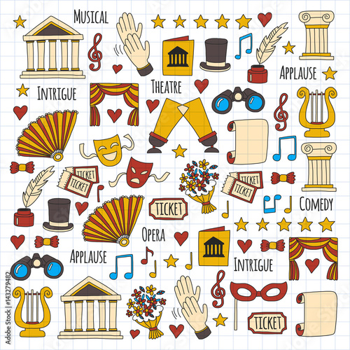 Hand drawn doodle Theatre set Vector illustration Sketchy theater icons Ticket Masks Lyra Flowers Curtain stage Musical notes Pointe shoes Make-up artist tools Theatre acting performance elements
