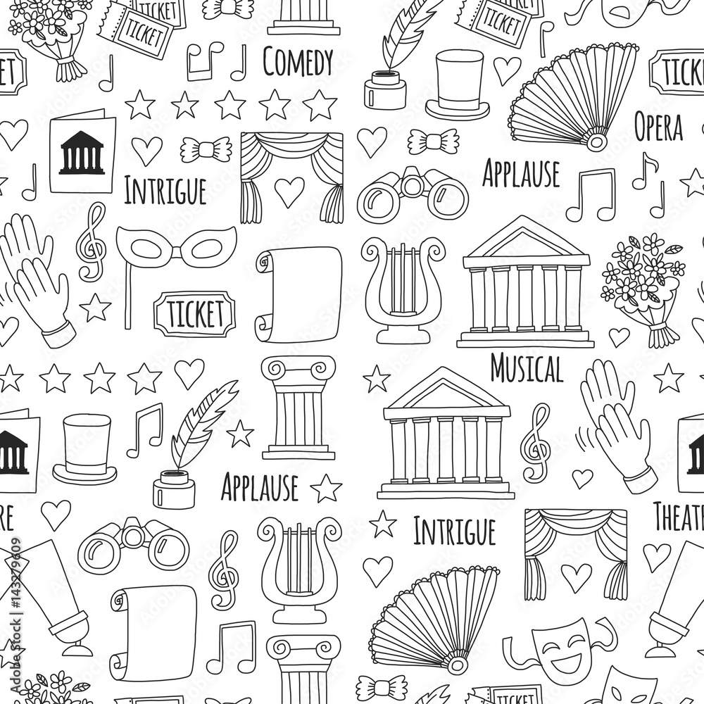 Seamless pattern Theatre set Vector illustration Sketchy theater icons Ticket Masks Lyra Flowers Curtain stage Musical notes Pointe shoes Make-up artist tools Theatre acting performance elements