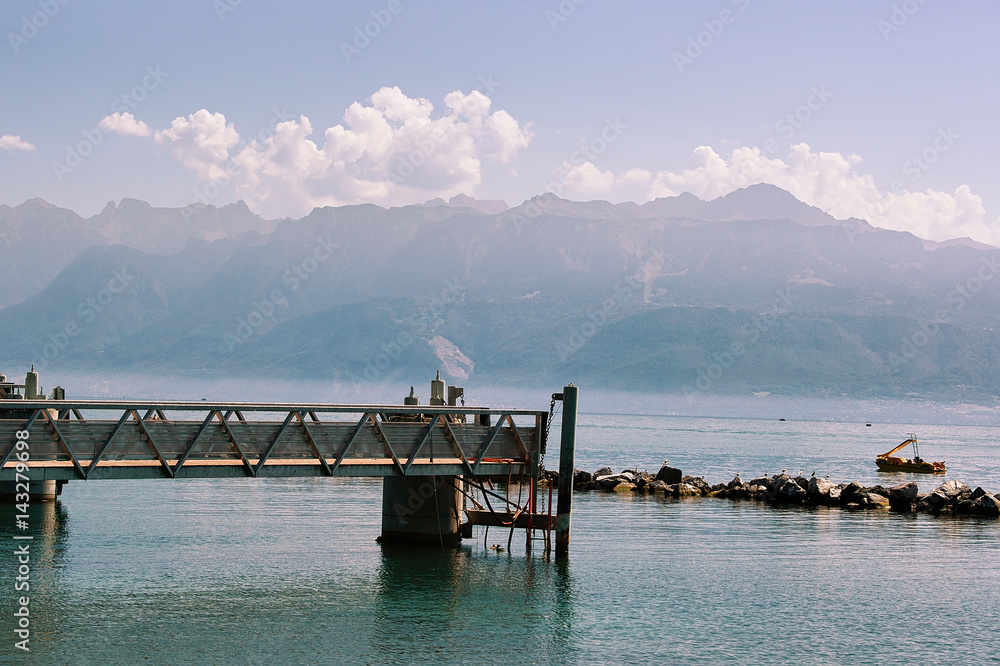 Pier at Lake Geneva promenade in Lausanne