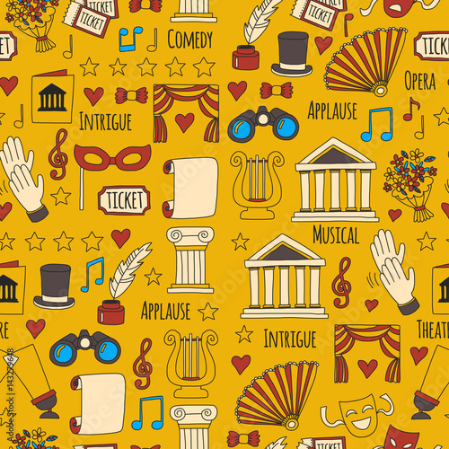 Seamless pattern Theatre set Vector illustration Sketchy theater icons Ticket Masks Lyra Flowers Curtain stage Musical notes Pointe shoes Make-up artist tools Theatre acting performance elements