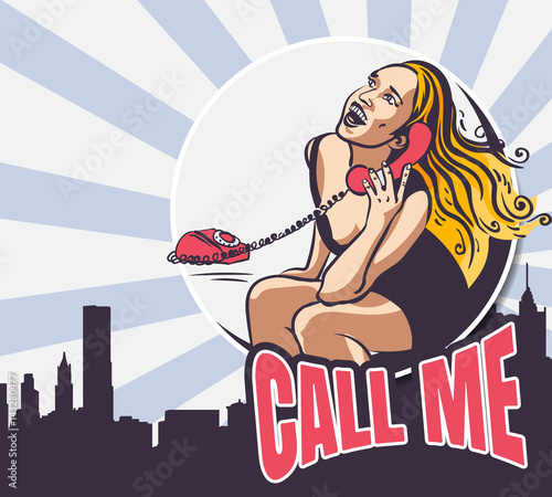 Lady speaks by an old phone. Vector image