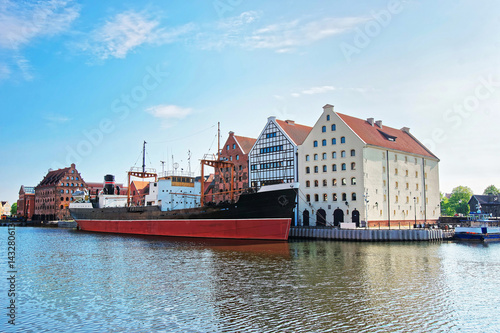 Old Ship and Quay of Motlawa River in Gdansk