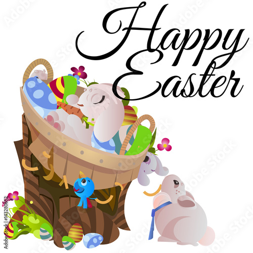 Fototapeta Naklejka Na Ścianę i Meble -  Set of easter chocolate egg hunt bunny basket on green grass decorated flowers, rabbit funny ears, happy spring season holiday tradition greeting card banner collection vector illustration background
