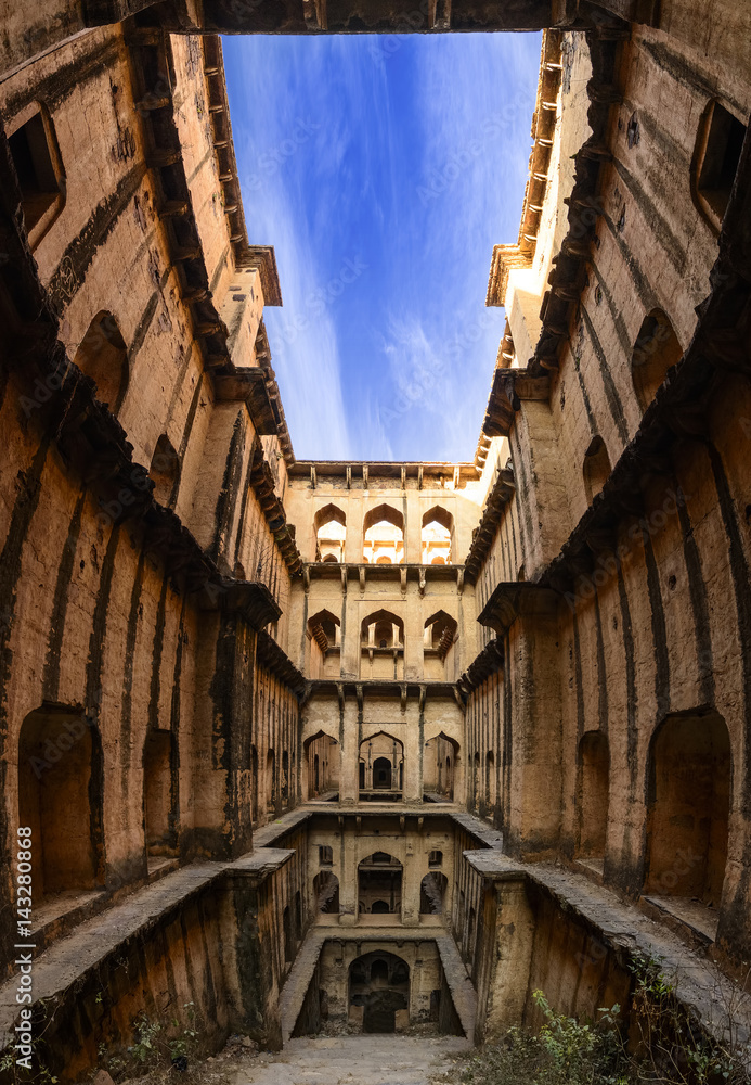 Panorama of a stepwell / baori architecture, situated in a village of Rajasthan