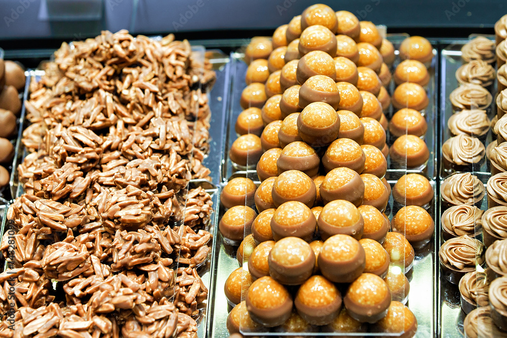 Selection of Swiss caramelized chocolate sweets with nuts