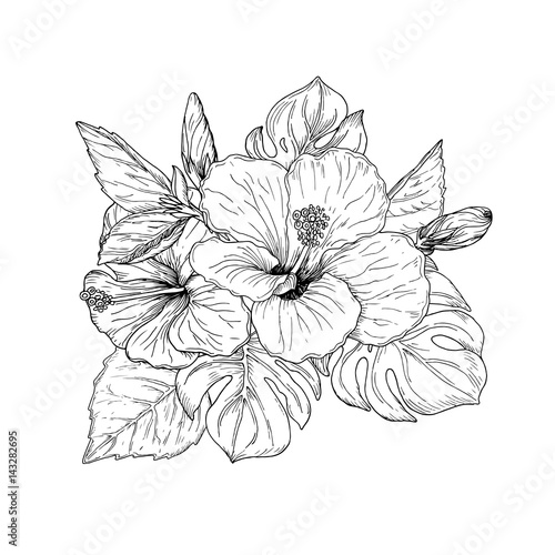 Beautiful floral hand drawn sketch tropical bouquet, bunch of hibiscus flowers and palm leaves arrangement, black ink draft isolated on white background. Vector illustration.