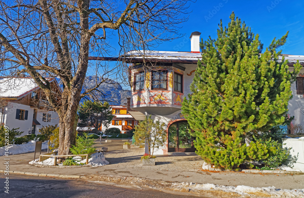 Street with Chalets in Bavarian style winter Garmisch Partenkirchen