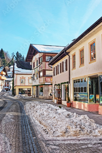 Street at Bavarian style decorated for Christmas Garmisch Partenkirchen