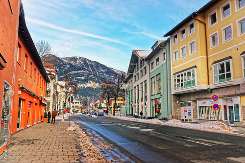 Street with houses and Alpine mountains winter Garmisch Partenkirchen