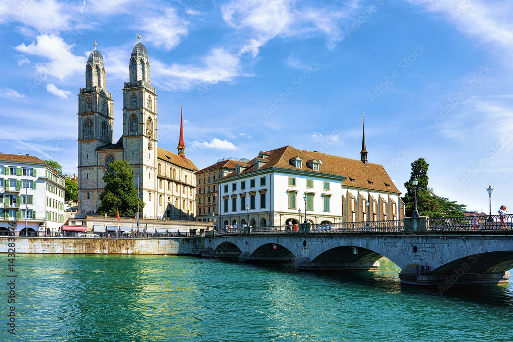 Limmat River Quay with Grossmunster Church in Zurich Swiss
