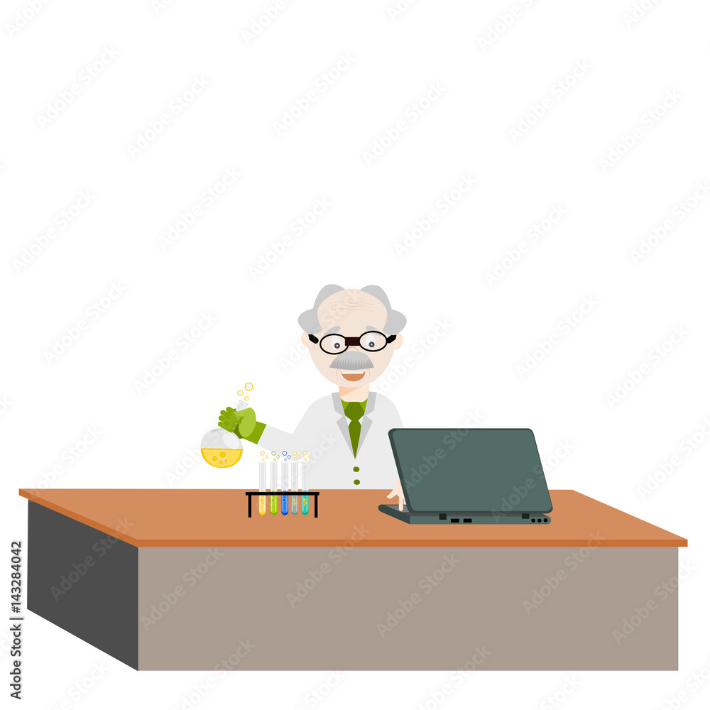 Cartoon chemistry concept with chemistry old man. Chemistry laboratory. The old man studying and working in chemistry lab. Isolated chemistry.