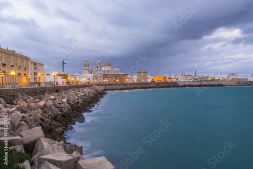 Evening cityscape with cathedral in Cadiz Spain