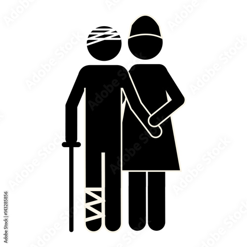 silhouette nurse and man with his leg broken, vector illustration design