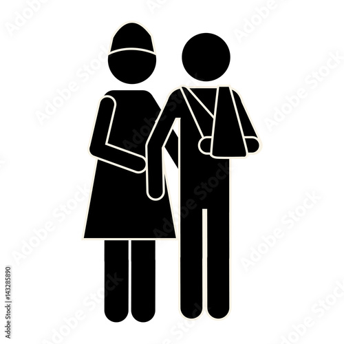 silhouette nurse and man with his arm broken, vector illustration design