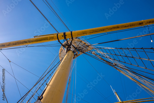 ropes rigging masts and stays on traditional sailing ship