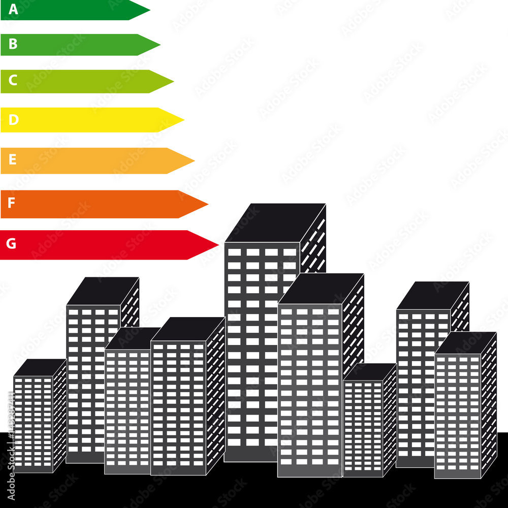 Obraz premium Energy labels with skyscrapers on white background