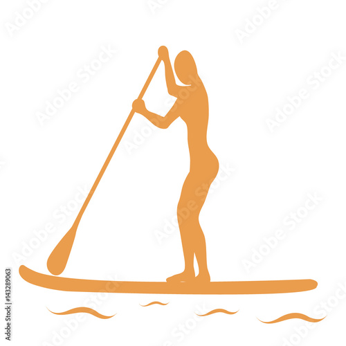 Vector illustration of stand up paddling female silhouette icon.