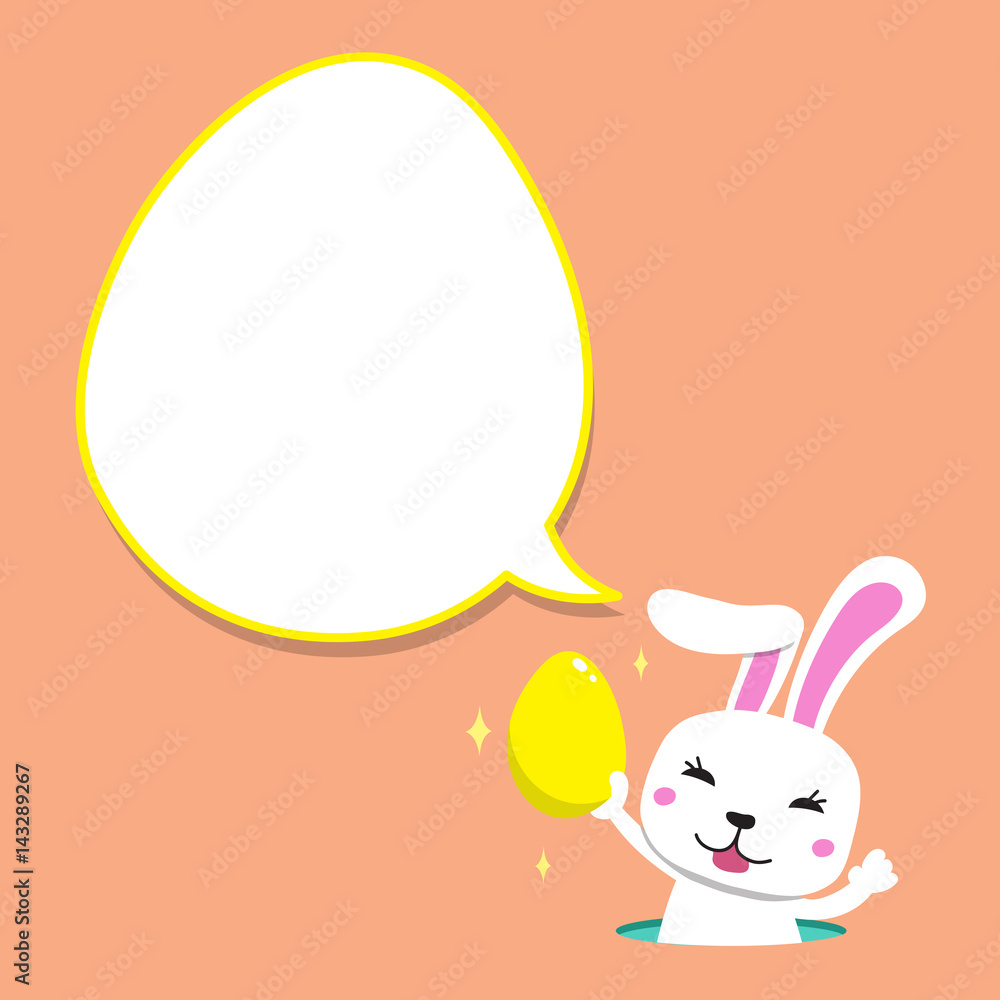 Obraz premium Cartoon rabbit carrying easter egg with white speech bubble