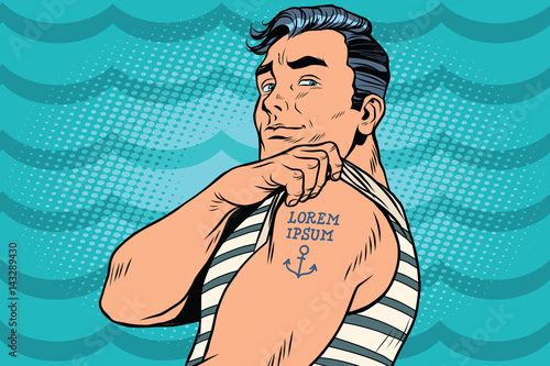 Sailor with Lorem ipsum tattoo on hand