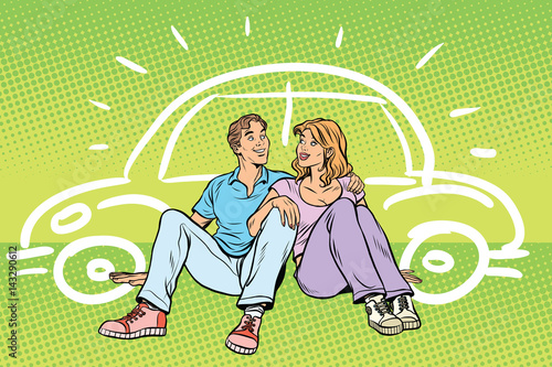 Young people man and woman dream about the car