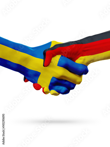 Flags Sweden, Germany countries, partnership friendship handshake concept.