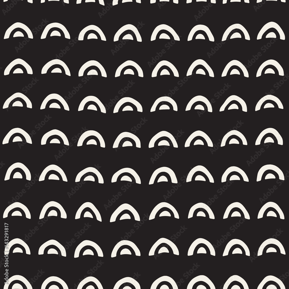 Monochrome minimalistic seamless pattern with arcs. Simple hand drawn texture. Vector background with rounded inky lines Monochrome minimalistic seamless pattern with arcs. Simple hand drawn texture. Vector background with rounded inky lines