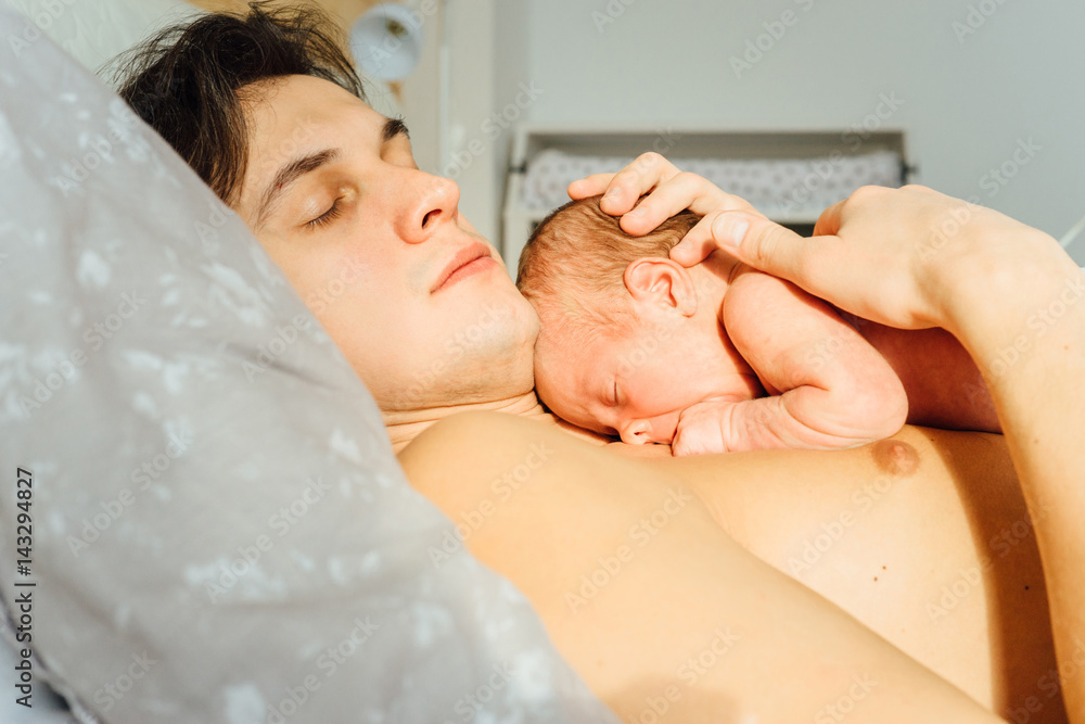 Newborn Baby Boy Lying on Father s Chest. Tired daddy deep sleeping Stock Photo Adobe Stock