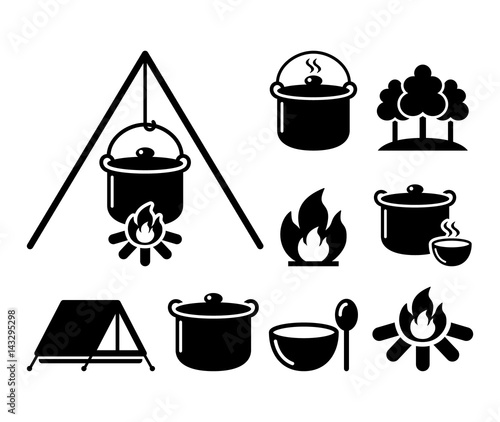 Cooking over a fire, campfire cooking, hike icons set