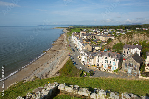 Elevated view Criccieth North Wales UK historic coastal town in summer with blue sky on a beautiful day photo