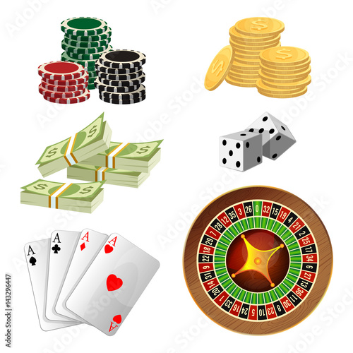 Poker chips, golden coins with dollar, money, aces playing cards