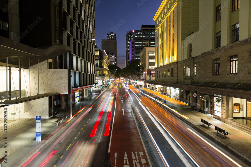  Brisbane CBD night life and traffic light trails, at the intersection of Adelaide and Edward streets.